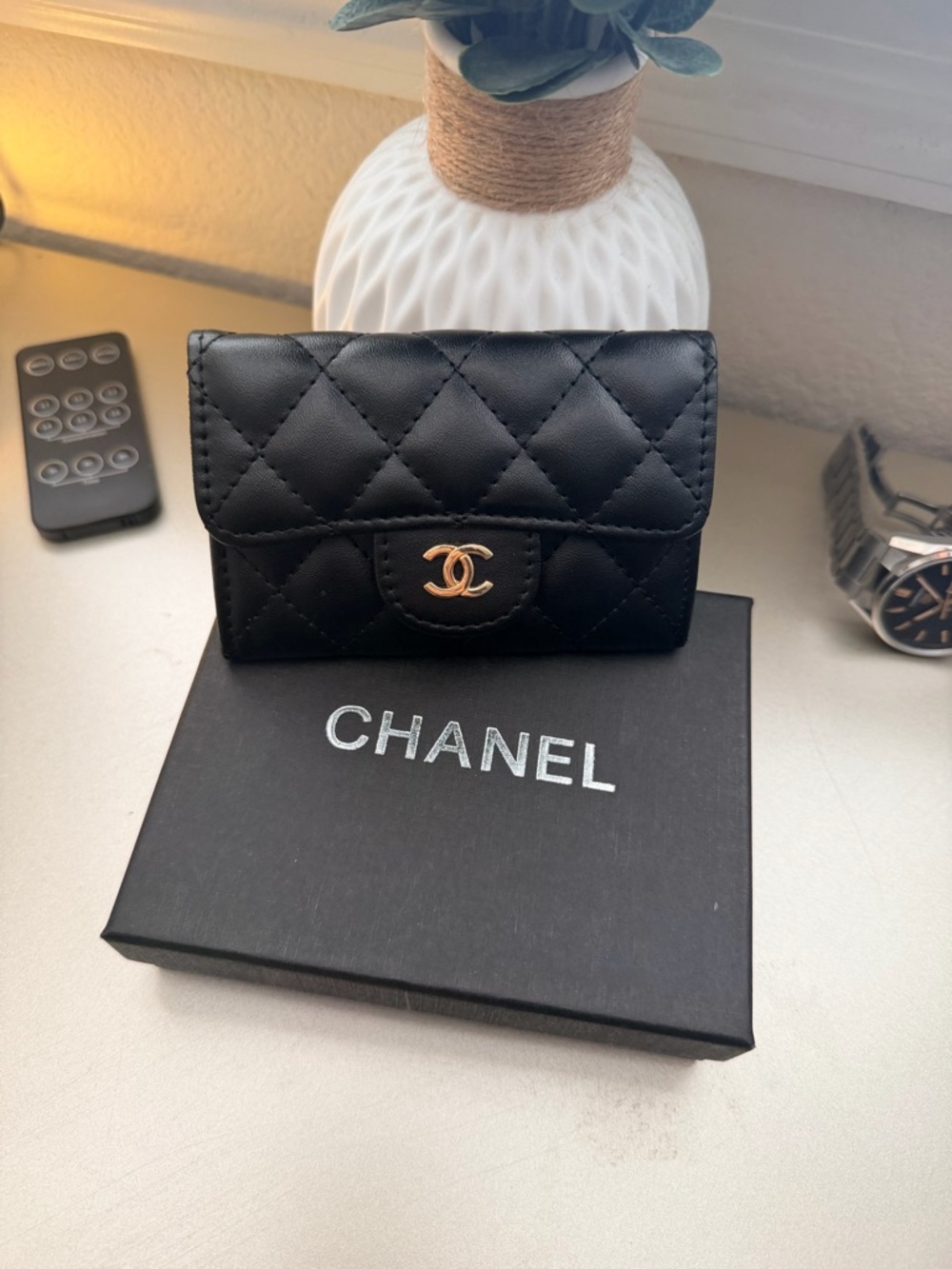 New with box , Black lambskin Quilted  mini Wallet/card holder with Gold CC Logo